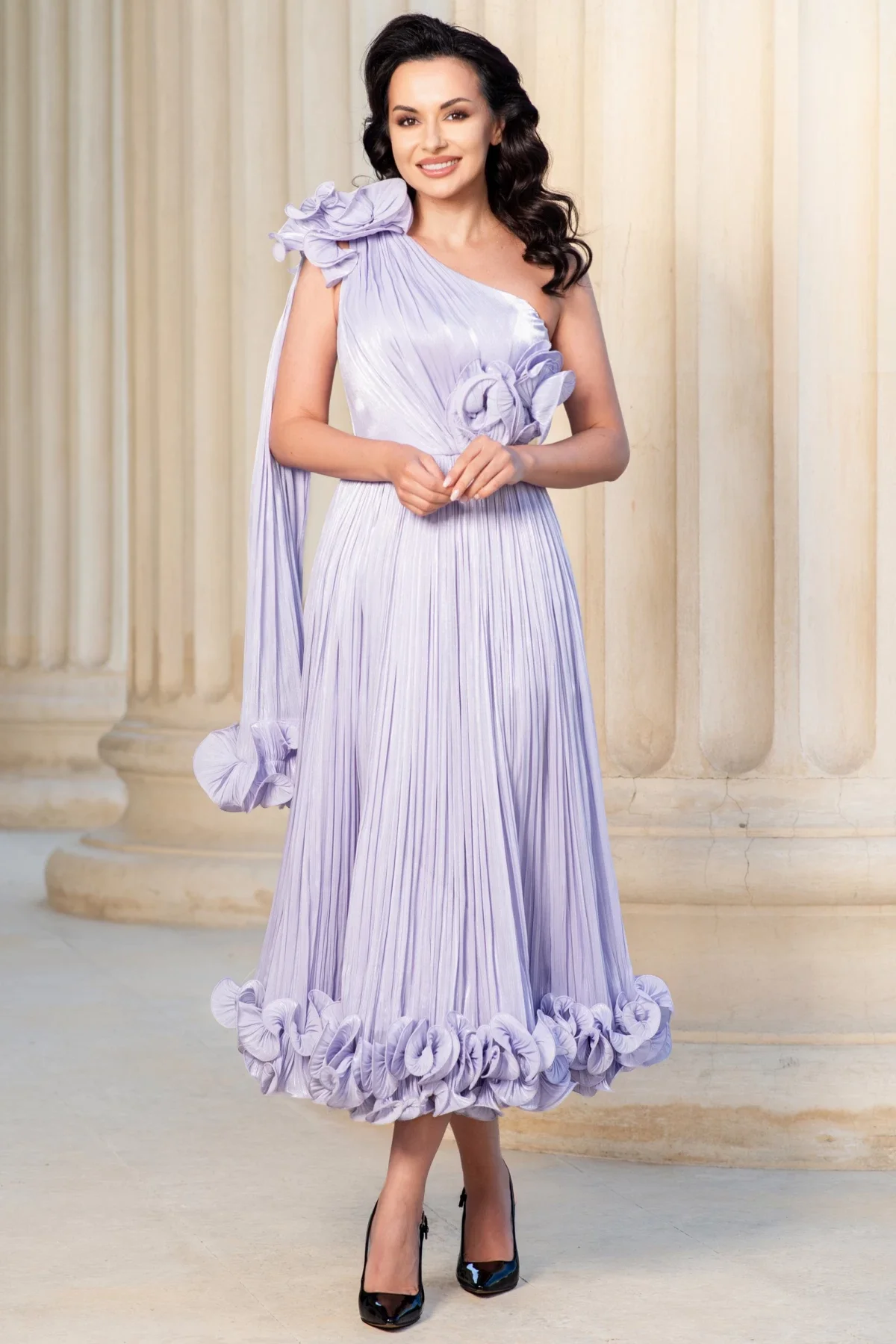 InPuff Rochie de ocazie eleganta Caroline lila midi din voal peliculizat plisat