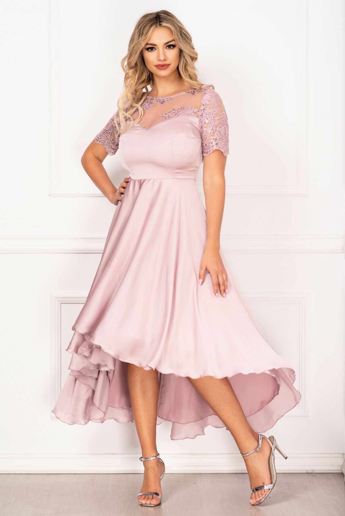 InPuff Rochie de seara rose asimetrica cu broderie si paiete