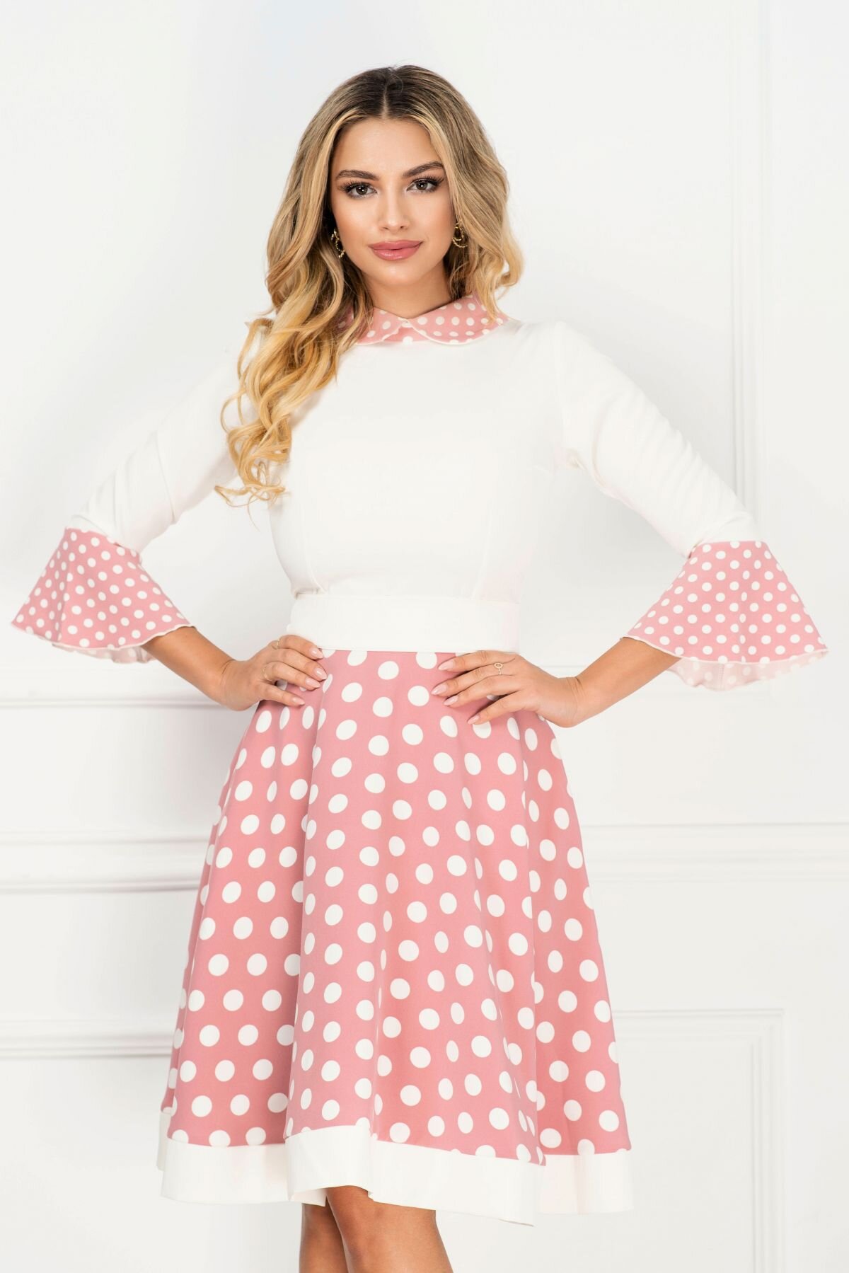 InPuff Rochie de zi delicata roz cu buline si maneci tip clopot