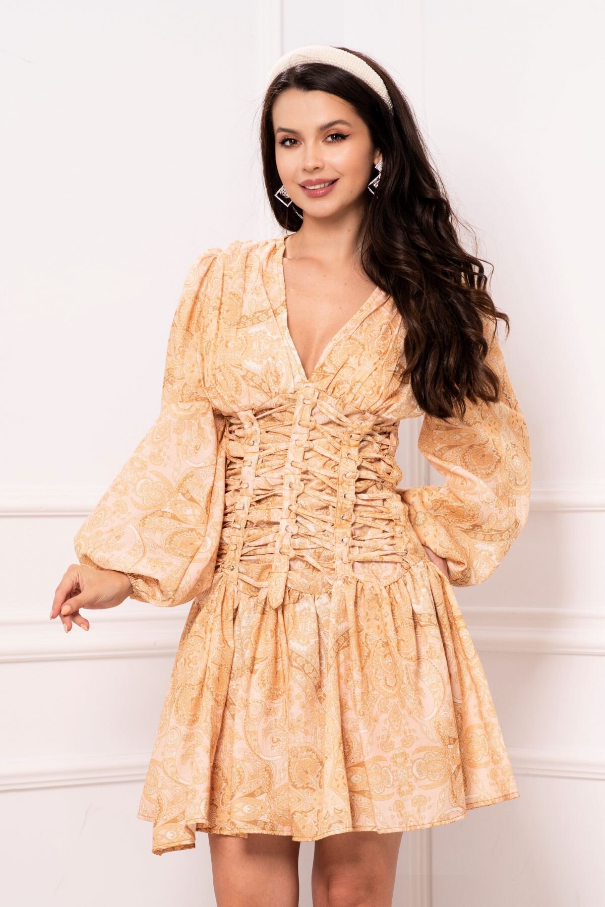 InPuff Rochie de zi eleganta cu talie tip corset si imprimeu aztec