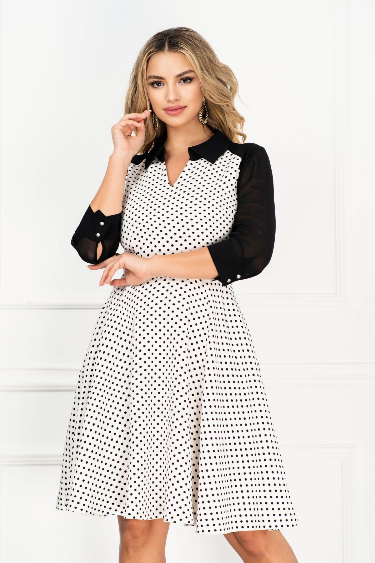 InPuff Rochie de zi in clos cu imprimeu buline si maneci din voal