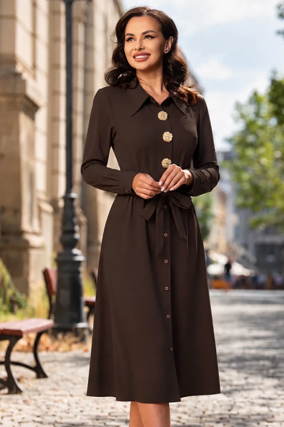 InPuff Rochie de zi midi maro Noemia cu nasturi aurii decorativi