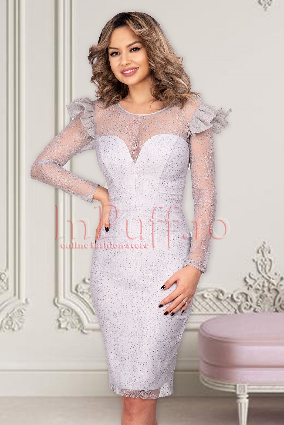 InPuff Rochie gri de ocazie cu sclipici