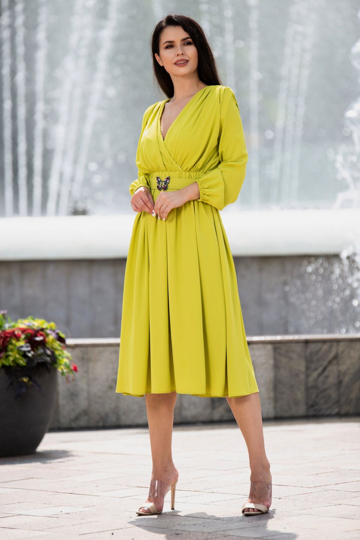 InPuff Rochie midi Otilia eleganta olive cu centura in talie
