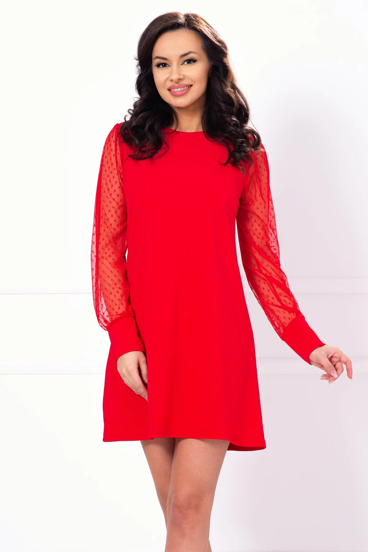 InPuff Rochie rosie lejera cu maneci din tulle cu buline