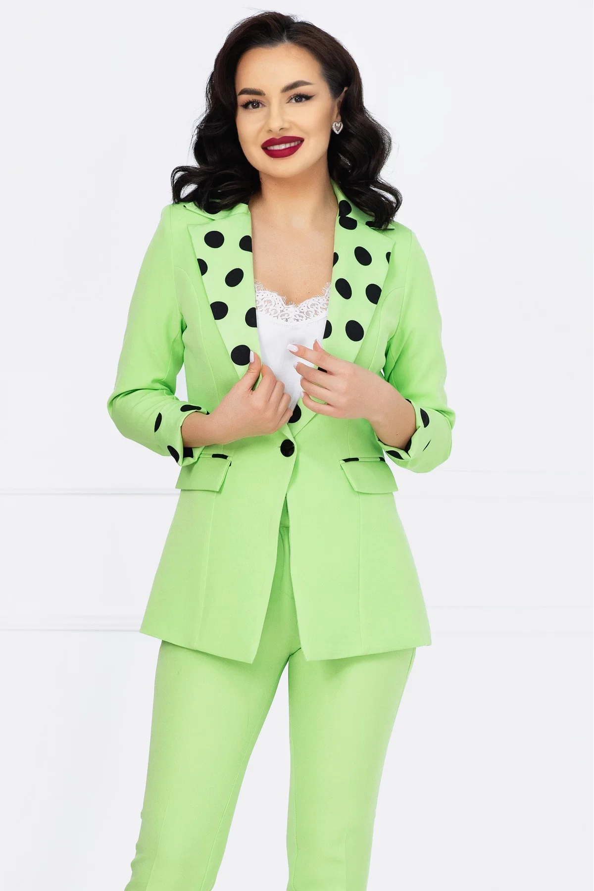 InPuff Sacou lime dama cu mansete si rever cu buline