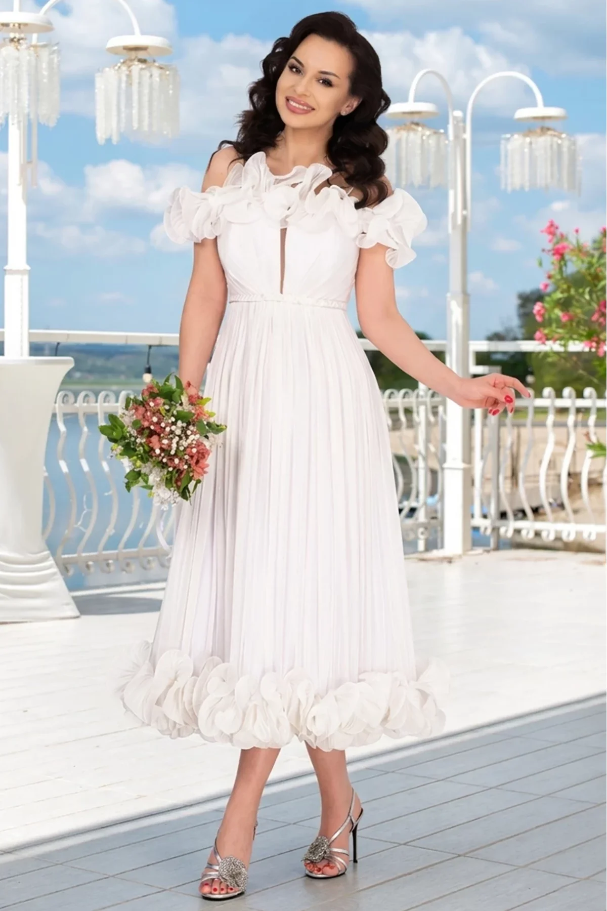 Josephine Rochie de cununie midi din organza alba Rosalyn cu volane romantice