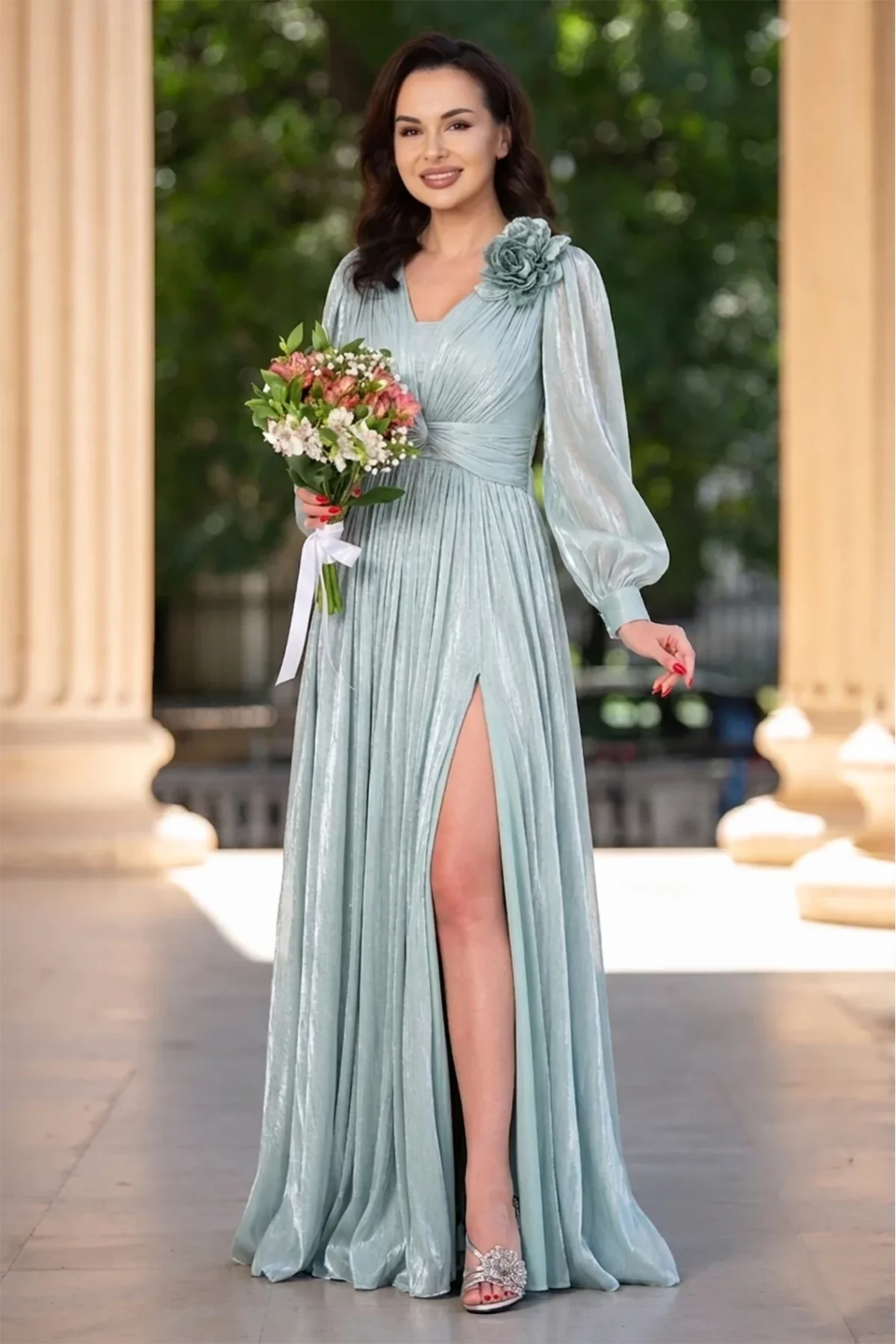 Josephine Rochie de seara eleganta Gabriella mint cu drapaje si floare 3D