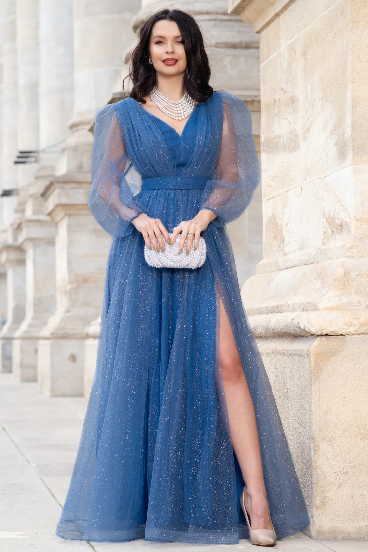 Josephine Rochie de seara lunga eleganta bleu Esmeralda cu glitter