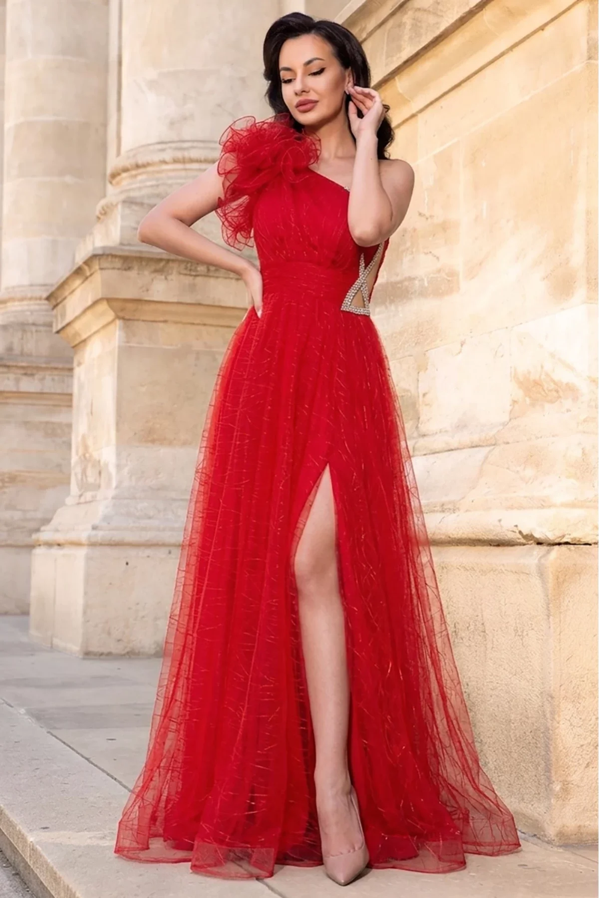 Josephine Rochie de seara rosie Clio din tulle brodat cu floare 3D pe umar si strassuri