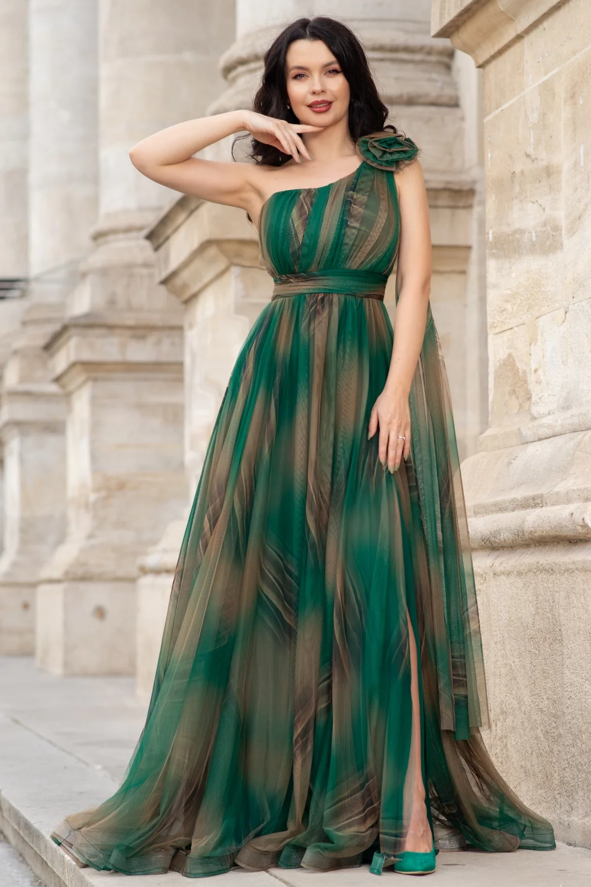 Josephine Rochie pretioasa verde cu imprimeu tip pictura