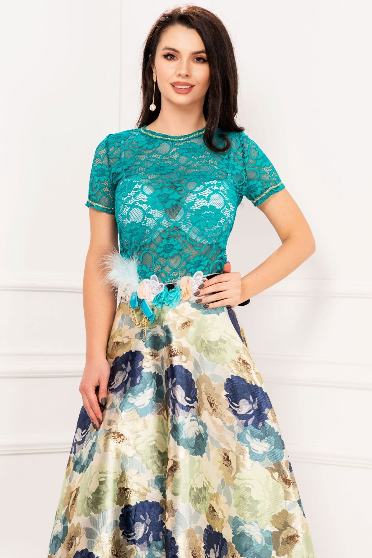 Legendaria Bluza turquoise din dantela cu insertii de fir irizant