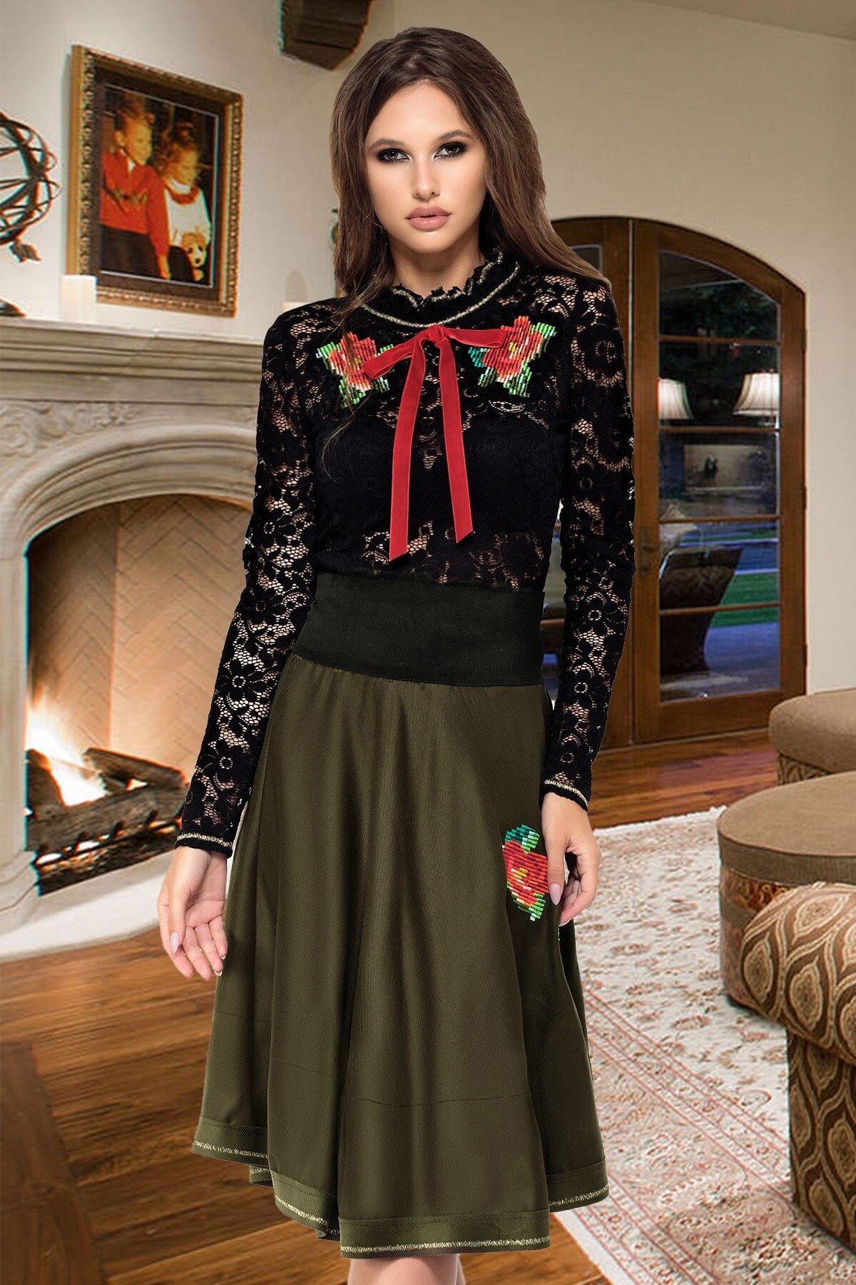 Legendaria Fusta midi cu broderie florala traditionala