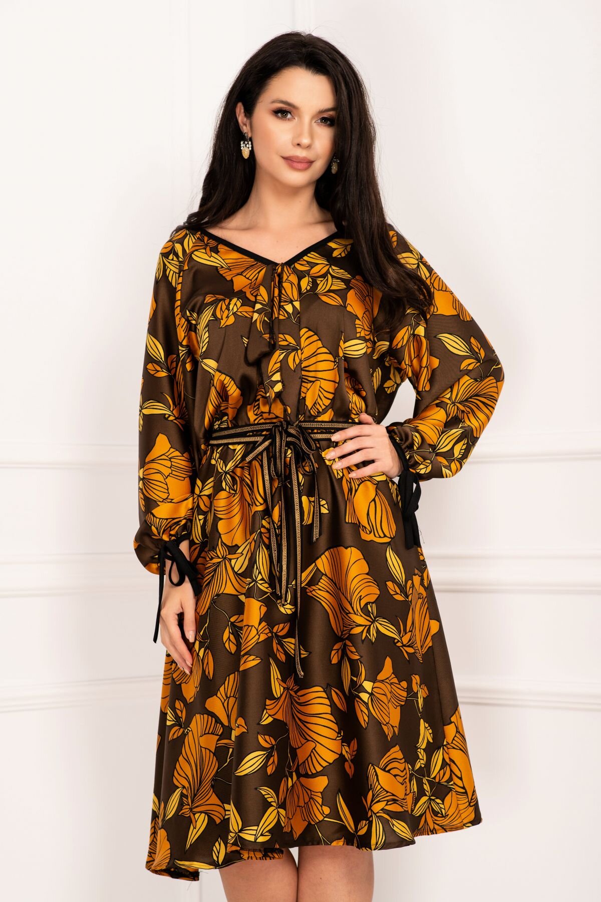 Legendaria Rochie de zi satinata in clos cu imprimeu tomnatic