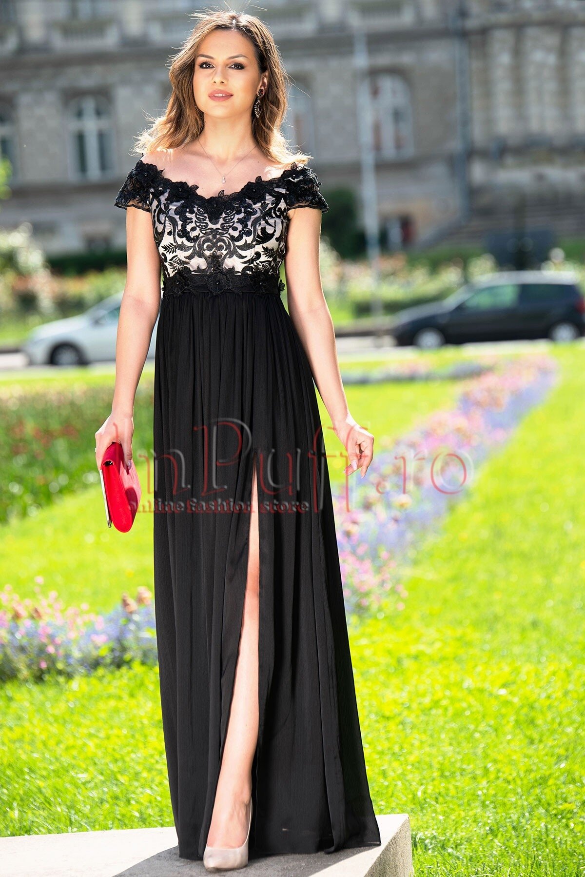 MBG Collection Rochie de seara neagra Agatha din dantela si triplu voal creponat