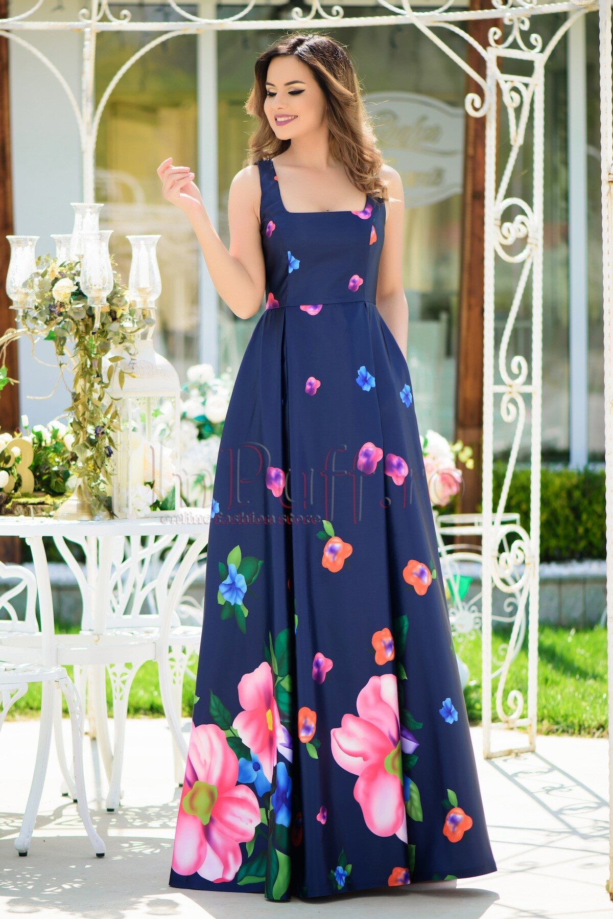MBG Collection Rochie MBG de seara lunga bleumarin cu imprimeu floral