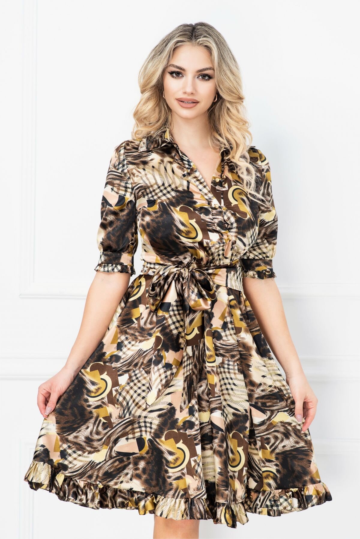 MBG Collection Rochie MBG de zi satinata petrecuta cu imprimeu maron
