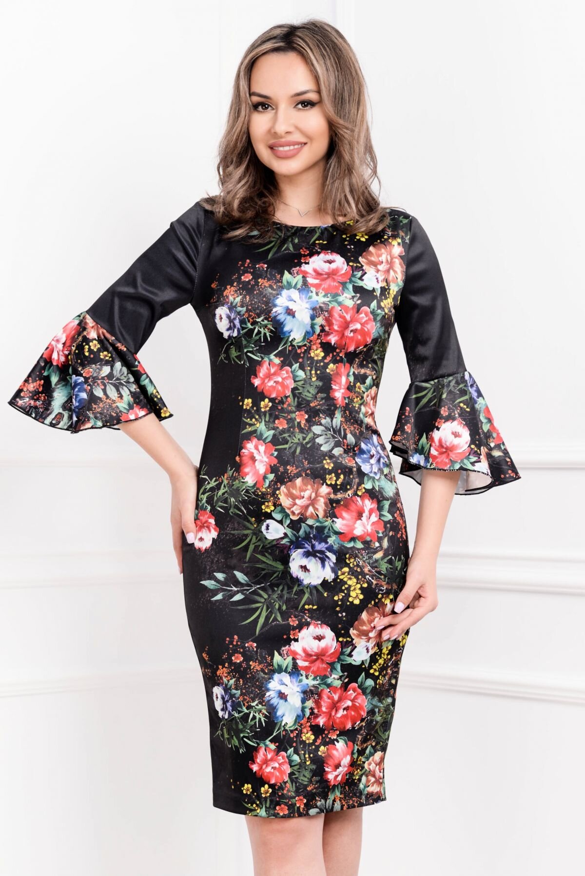 MBG Collection Rochie MBG din tafta neagra cu maneci clopot