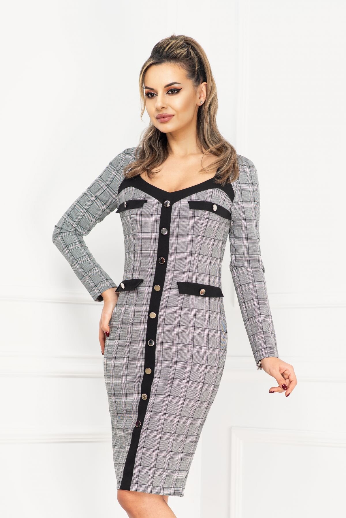 MBG Collection Rochie office conica gri cu carouri si nasturi argintii decorativi