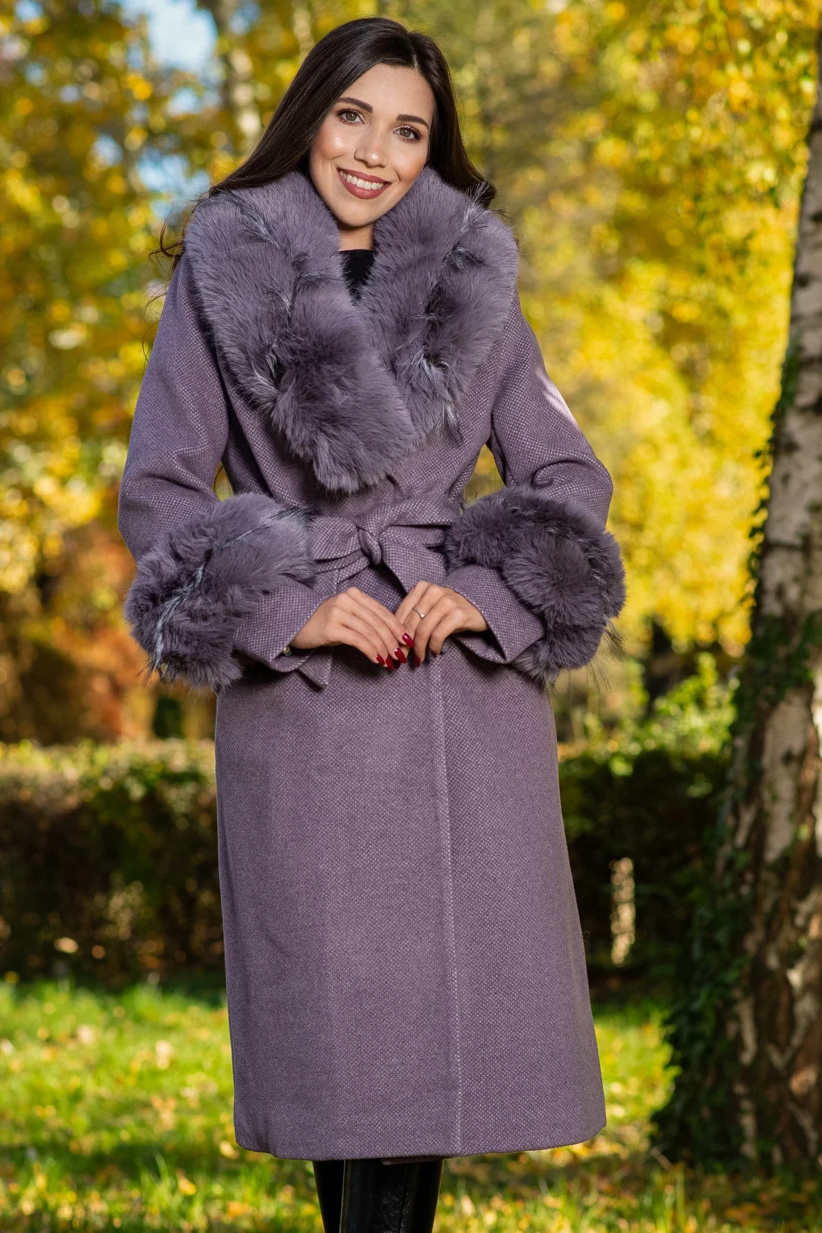 Patricia Palton dama mov elegant Fabiola din stofa cu guler din blana