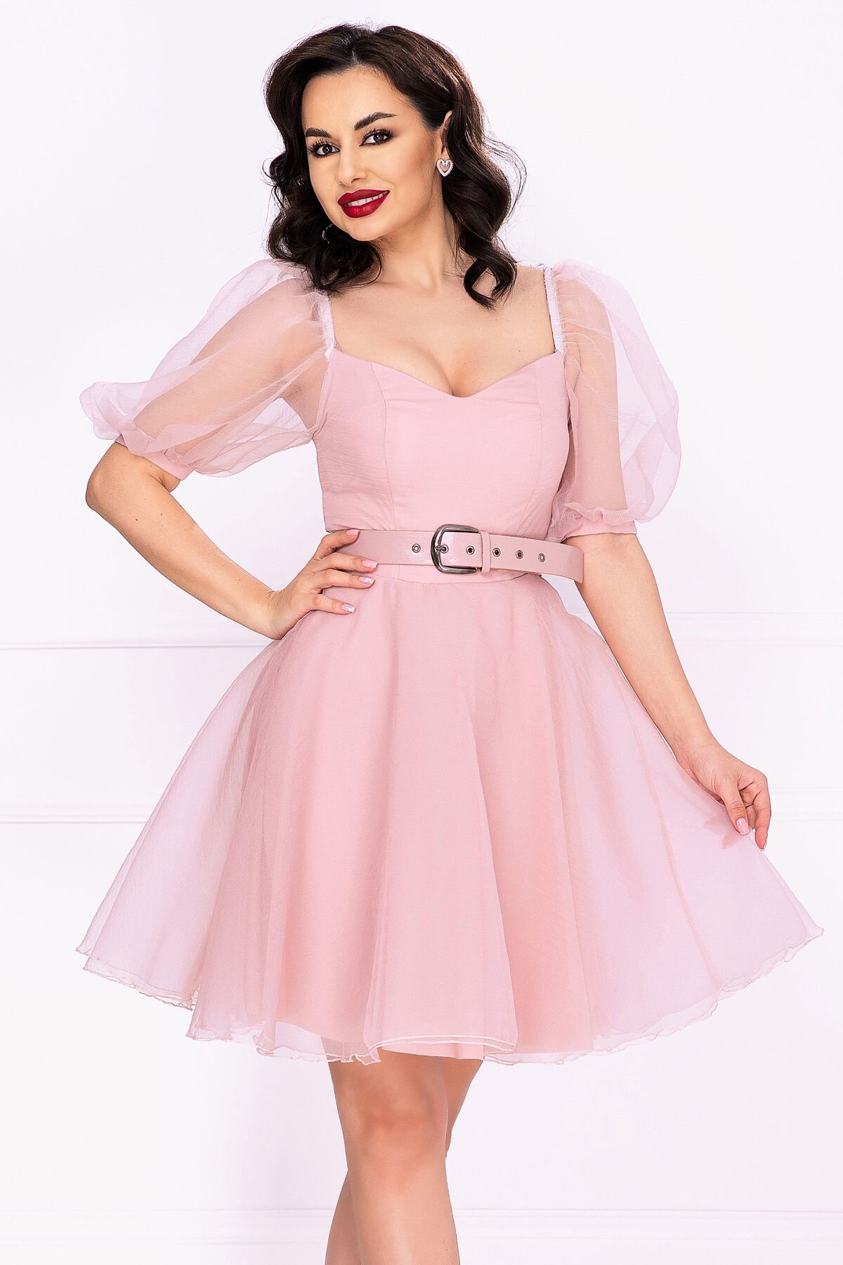 Patricia Rochie eleganta rose in clos din organza cu centura in talie