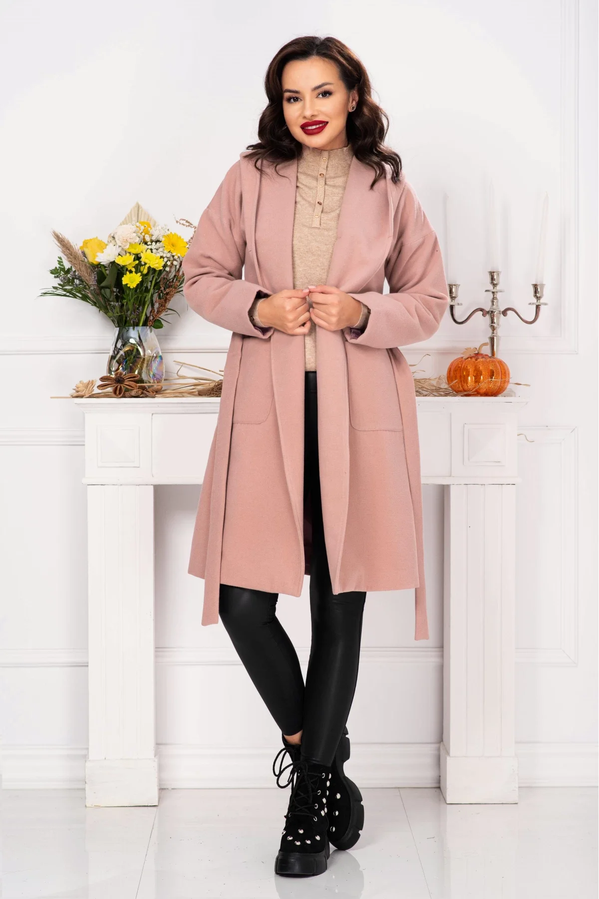 Pretty Girl Palton elegant rose cu gluga si cordon