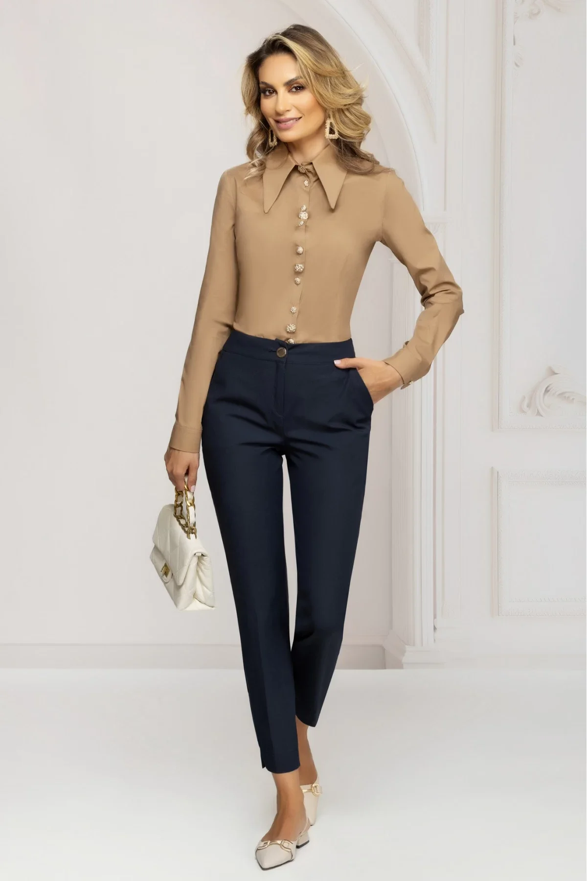 Pretty Girl Pantaloni dama bleumarin conici cu talie medie