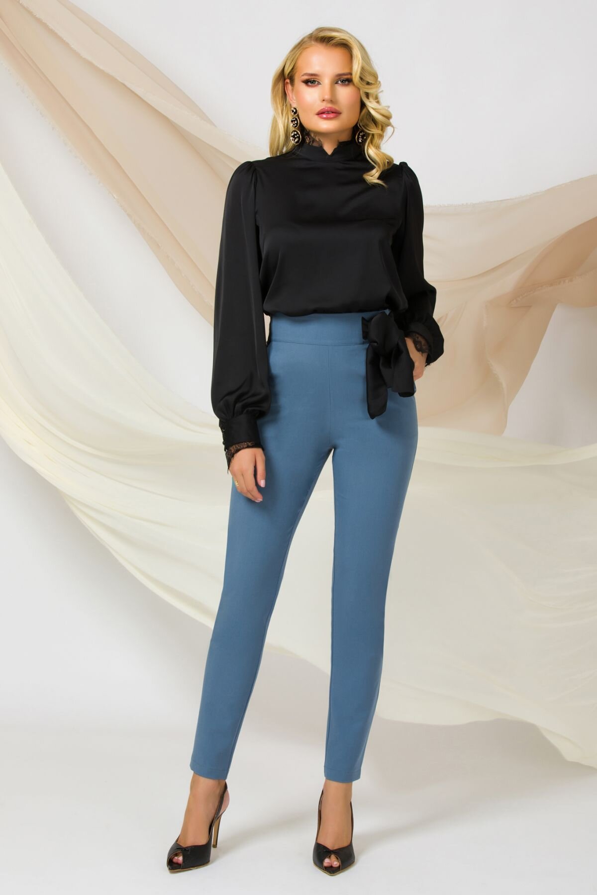 Pretty Girl Pantaloni dama office bleu cu talie inalta si funda neagra satinata