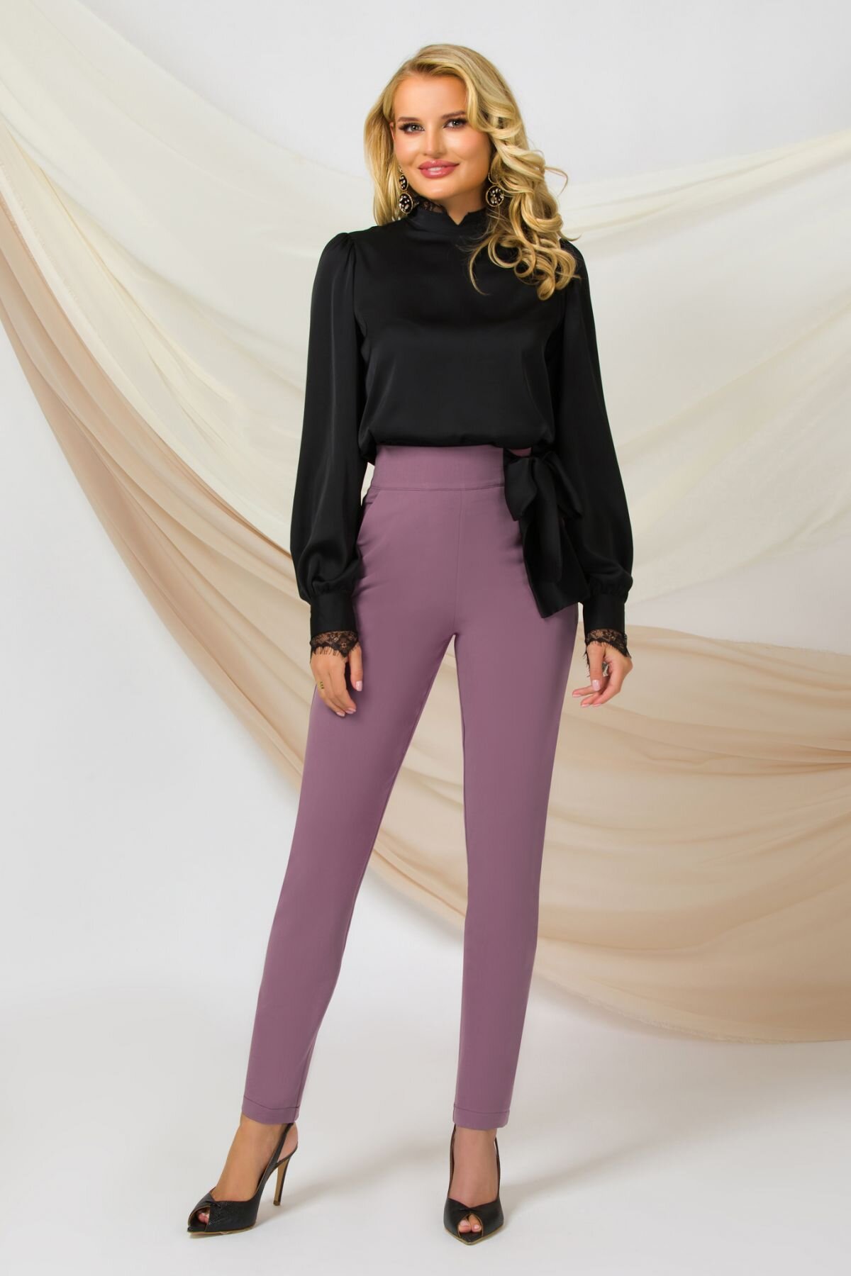 Pretty Girl Pantaloni dama office lila cu talie inalta si funda neagra satinata