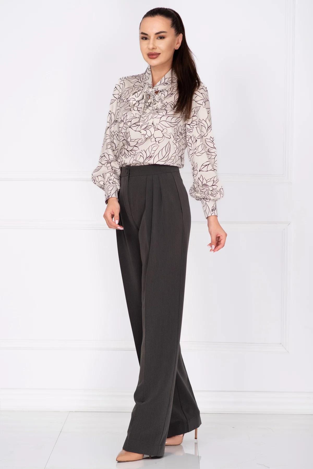 Pretty Girl Pantaloni office gri drepti cu pliuri in talie