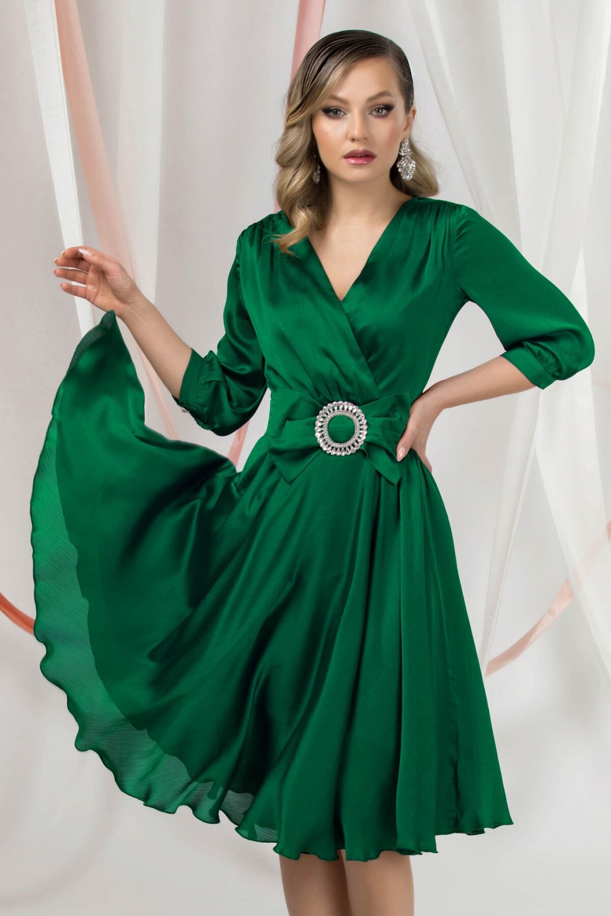 Pretty Girl Rochie de ocazie eleganta verde cu funda in talie