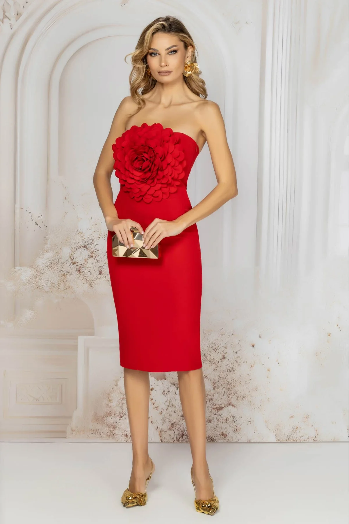 Pretty Girl Rochie de ocazie rosie eleganta conica cu floare maxi 3D