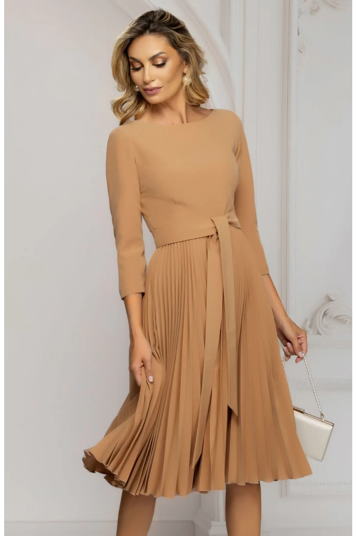 Pretty Girl Rochie de zi bej midi cu fusta plisata si cordon in talie