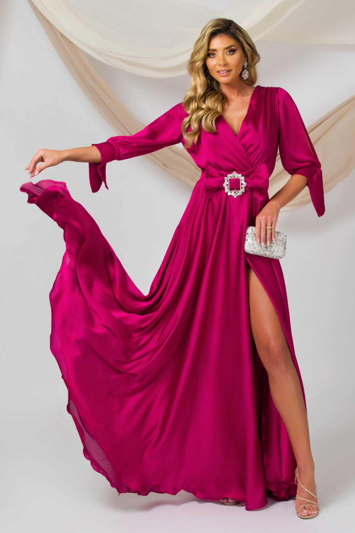 Pretty Girl Rochie lunga de seara fucsia cu cordon tip funda
