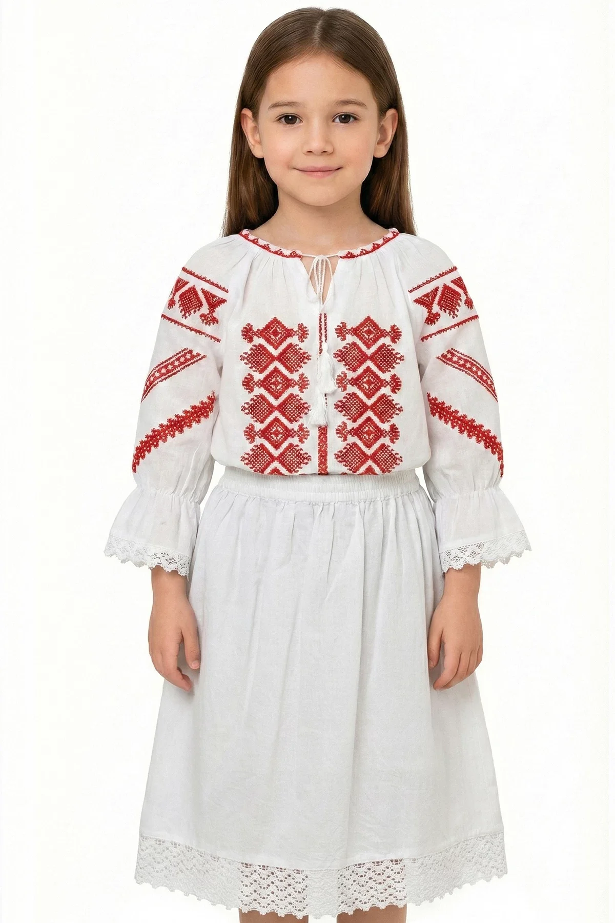 Traditional Fusta a fetita alba din bumbac