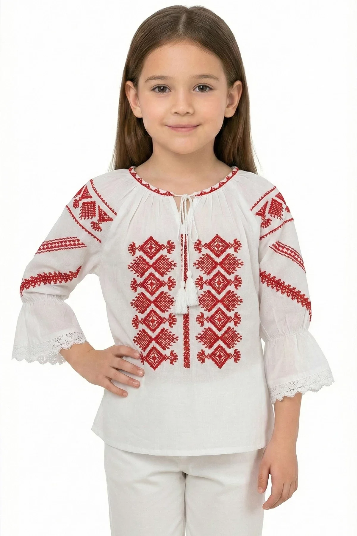 Traditional Ie fetita alba Daiana din bumbac cu broderie in simbolul rombului