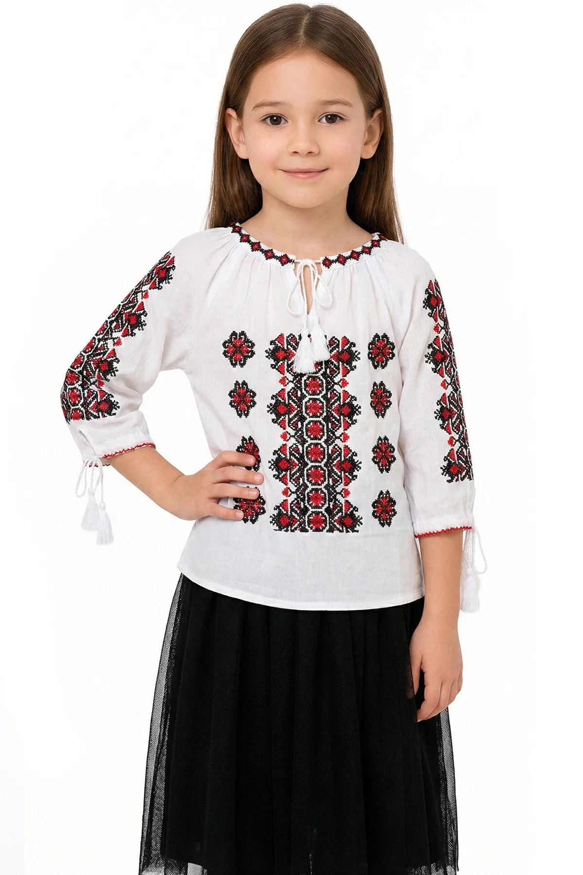 Traditional Ie fetita alba Isaia din bumbac cu broderie a