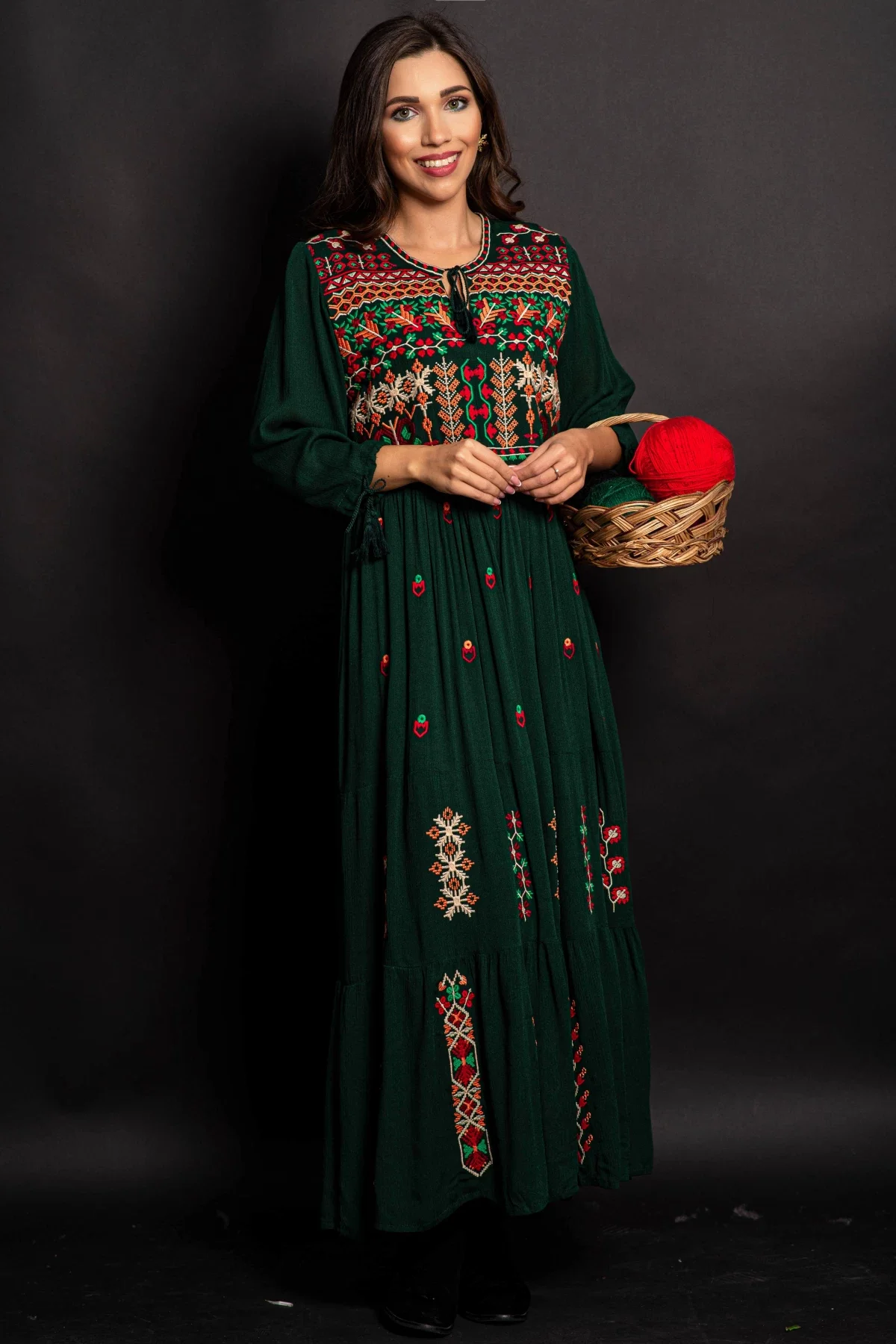 Traditional Rochie a verde cu motive florale Gradina Stramosilor