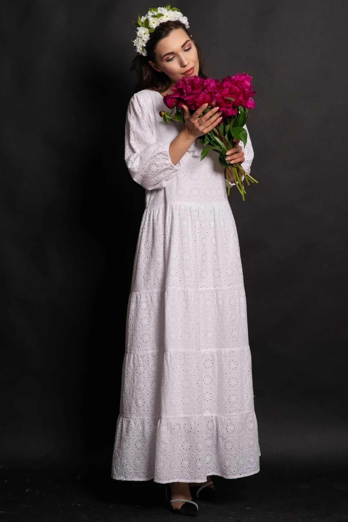 Traditional Rochie alba de vara din bumbac Annabel cu broderie englezeasca