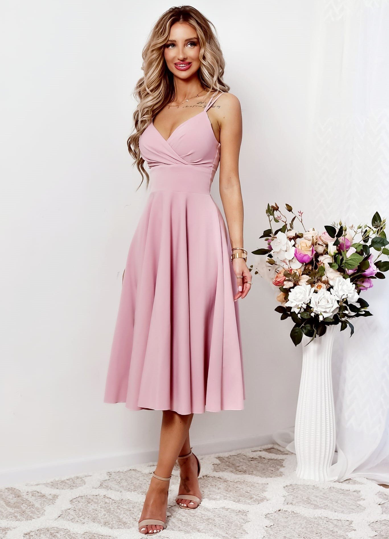 A&M Rochie baby doll midi bumbac roz pudra in clos retro TifaniW3