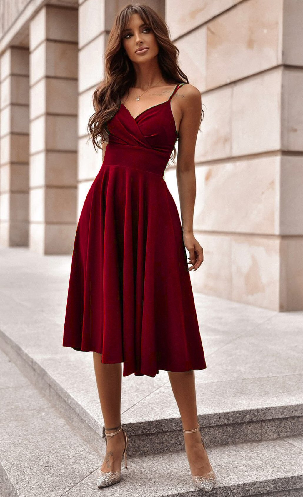 A&M Rochie baby doll midi eleganta din bumbac burgundy Tifaniw3