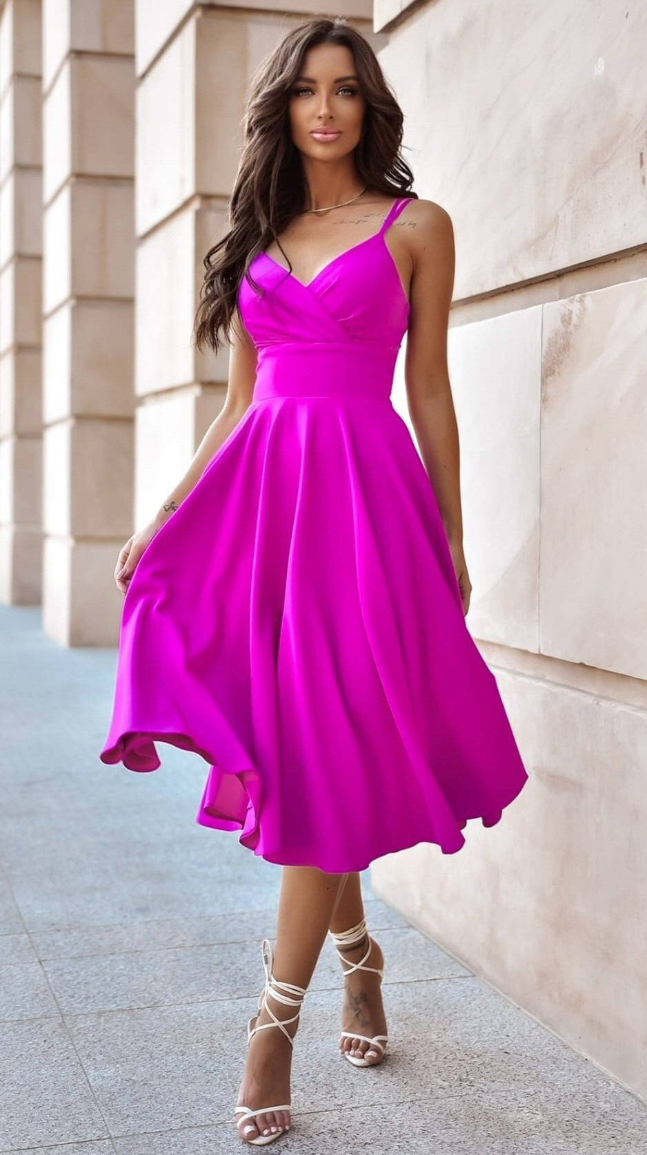 A&M Rochie baby doll midi eleganta din bumbac roz magenta retro TifaniW3