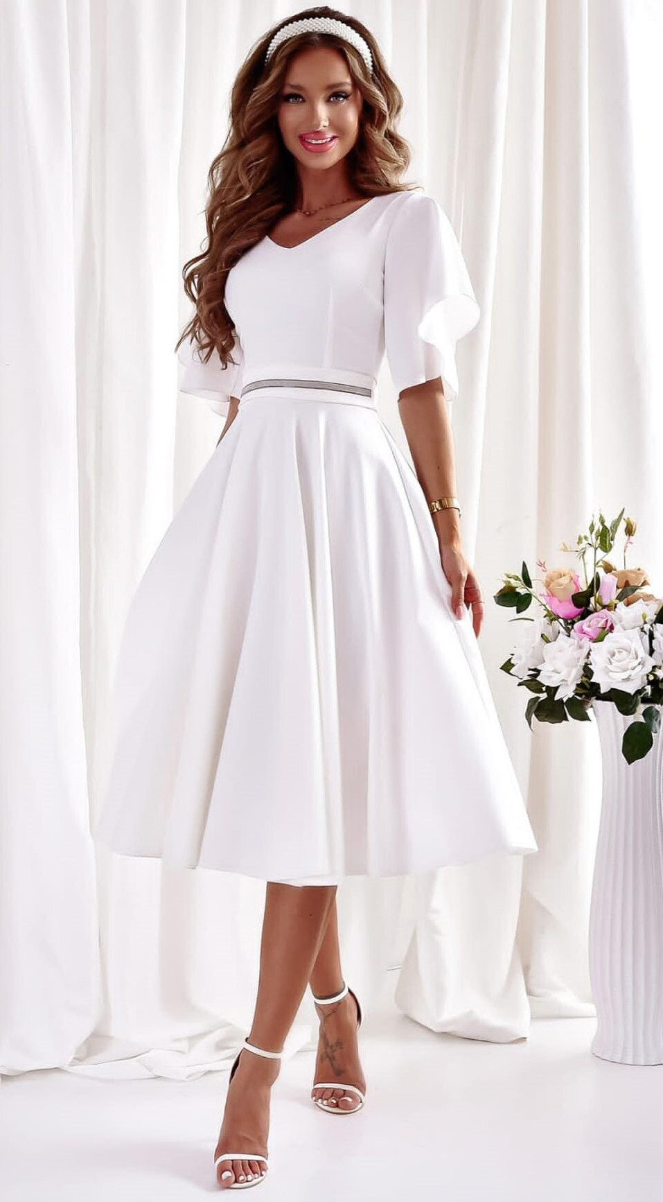 A&M Rochie cununie civila midi din bumbac alba in clos asimetrica LunaW