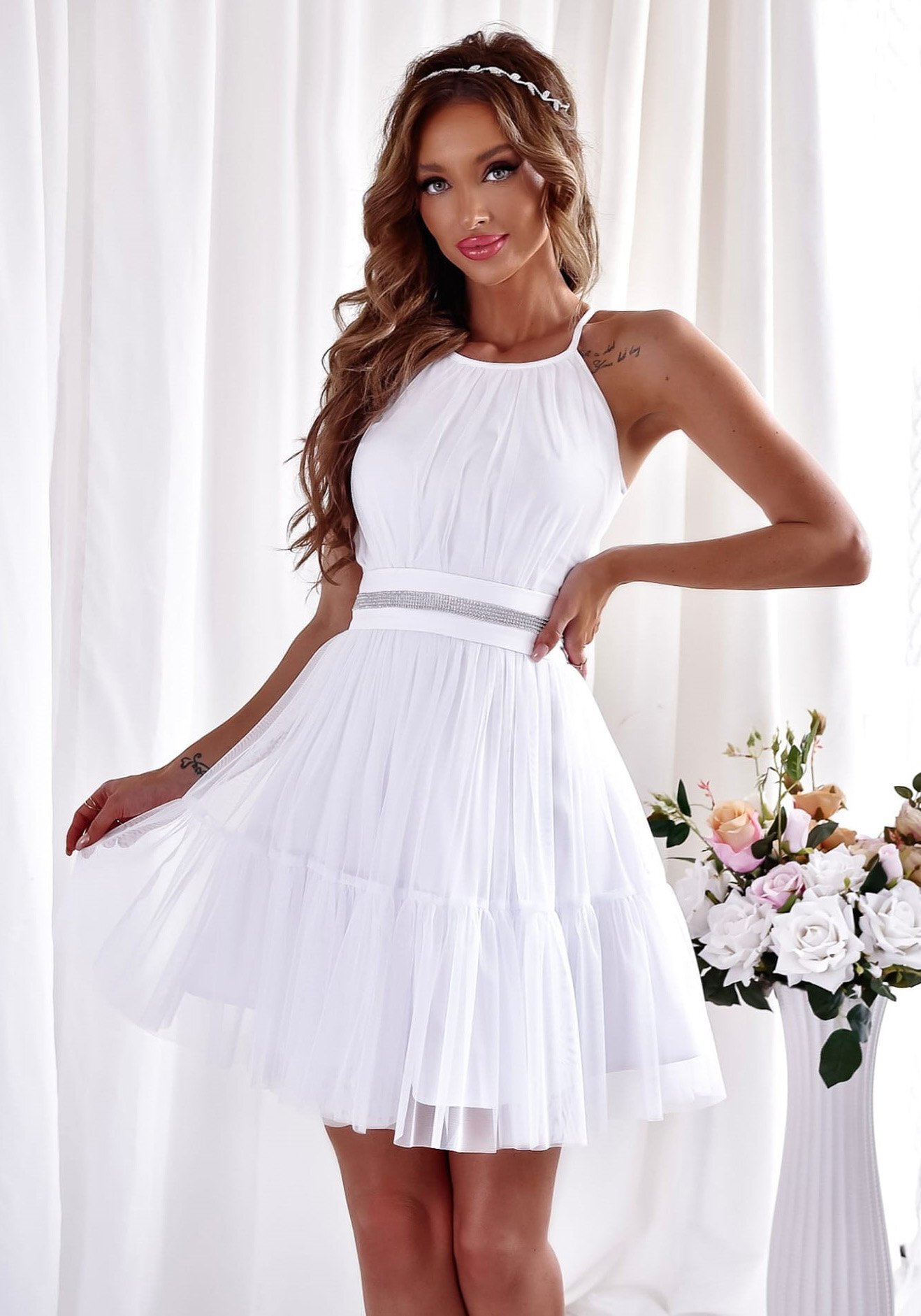 A&M Rochie cununie civila scurta baby doll din tul alba cu volane vaporoasa CristalW