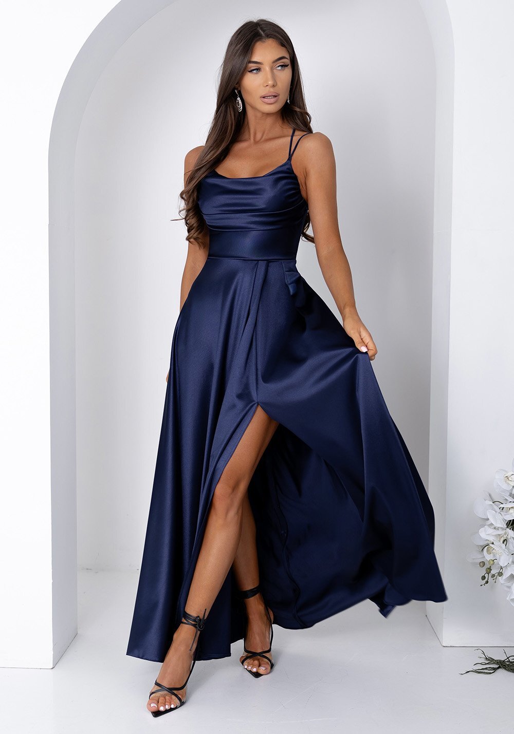 A&M Rochie de ocazie lunga din satin bleumarin navy cu bust tip corset ValeriaW3