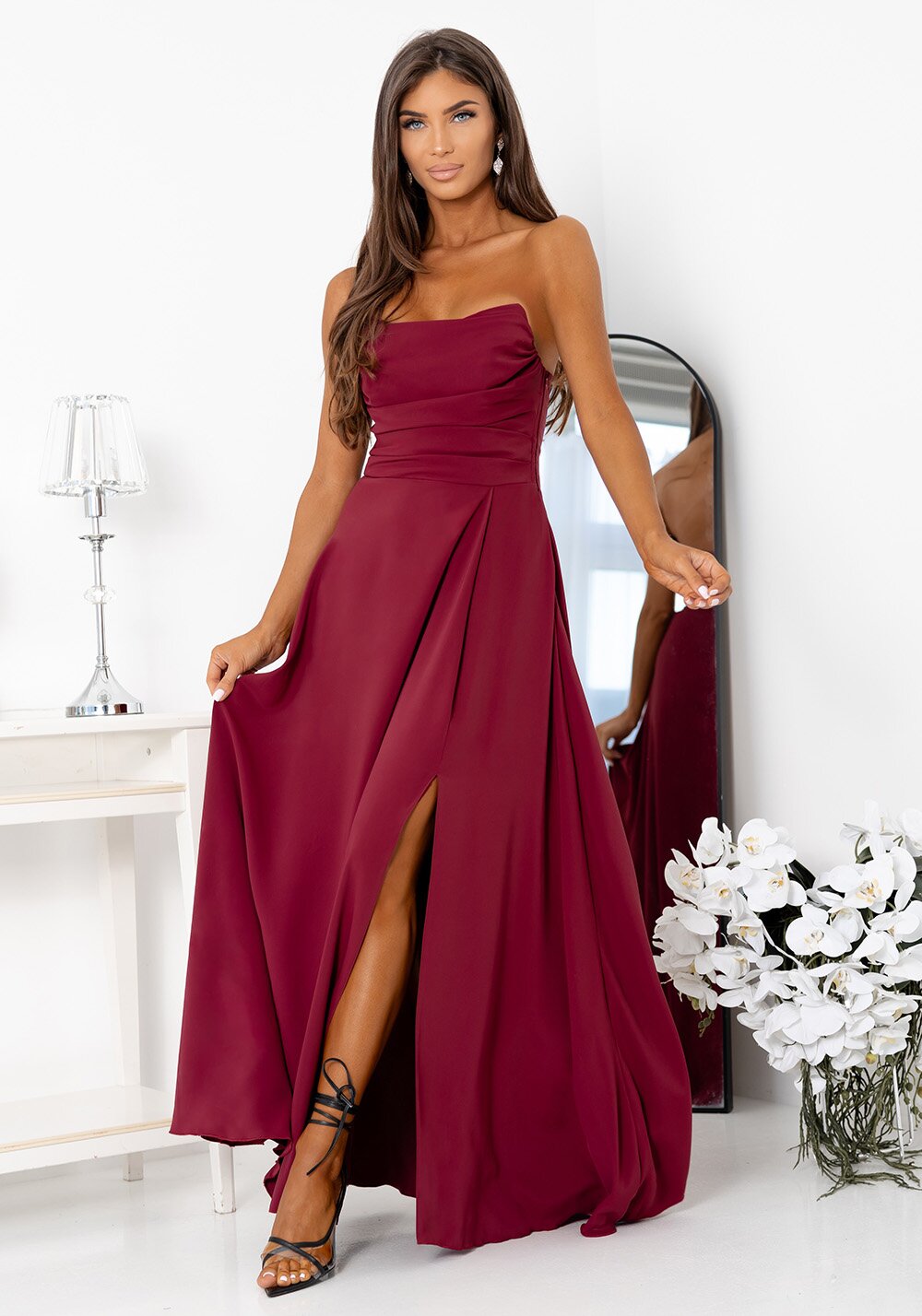 A&M Rochie eleganta lunga burgundy cu bust tip corset cu umerii goi VenussW