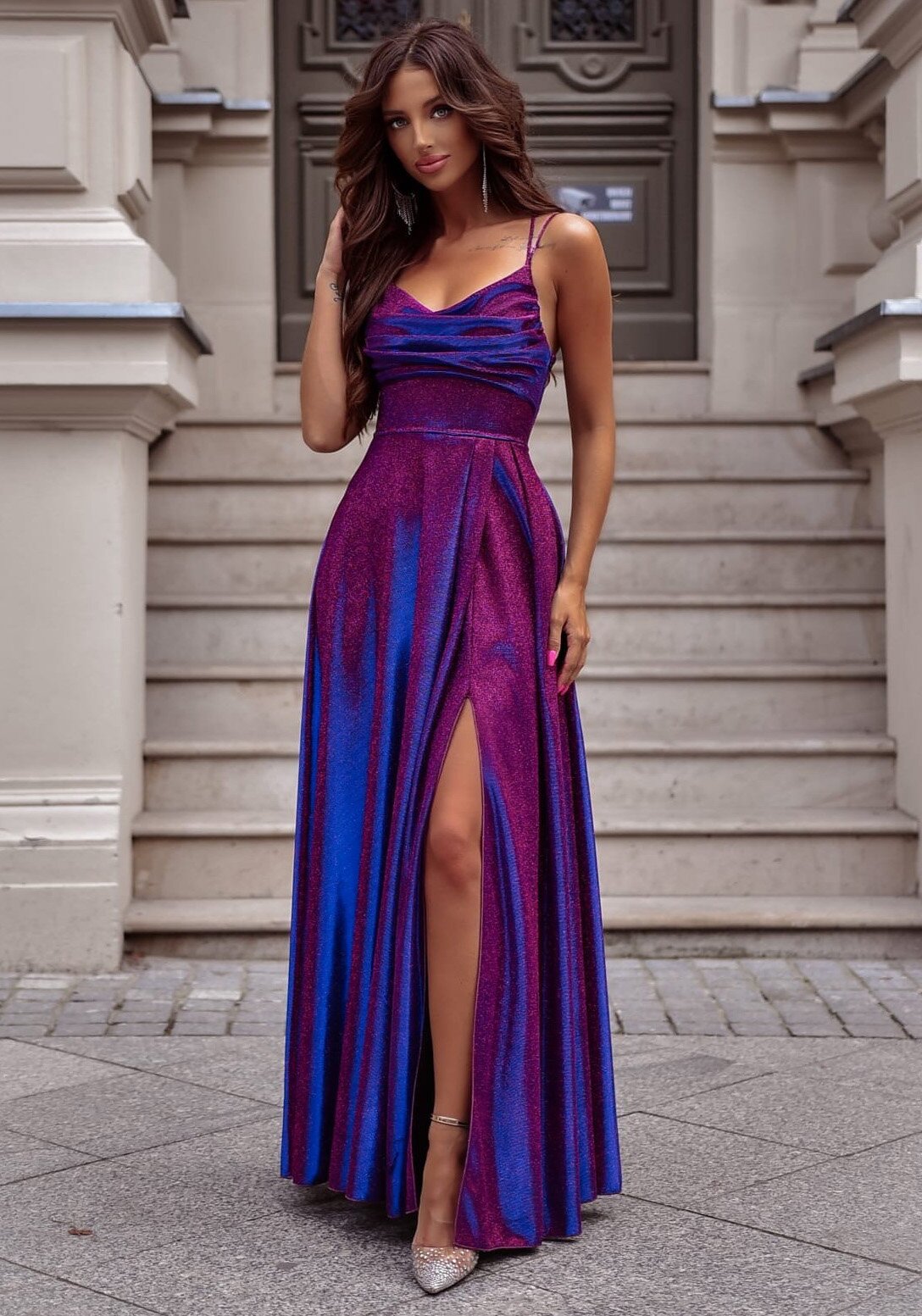 A&M Rochie eleganta lunga din glitter navy multicolor cu reflexii ValeriaLux