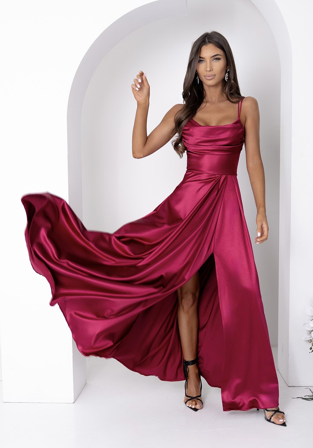 A&M Rochie eleganta lunga din satin burgundy bust tip corset ValeriaW3