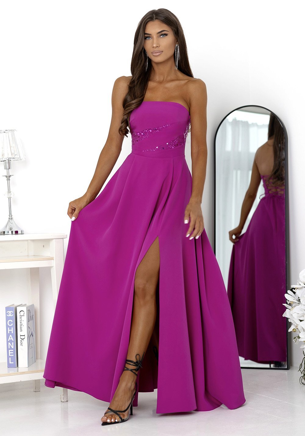A&M Rochie eleganta lunga roz magenta cu bust tip corset si umeri goi RossanaW