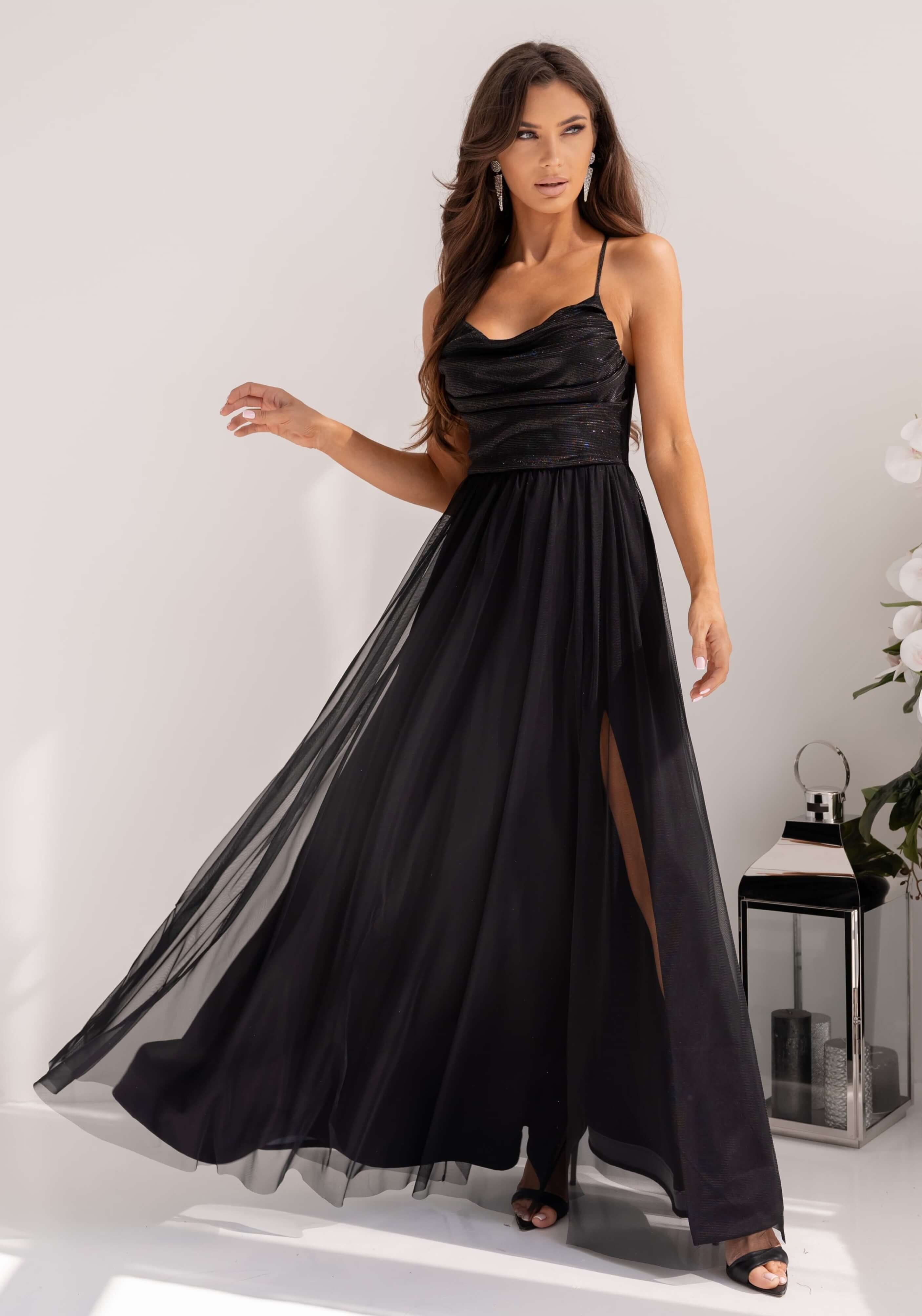 A&M Rochie eleganta neagra din tulle si brocard cu bustul tip corset si umerii goi RubyW